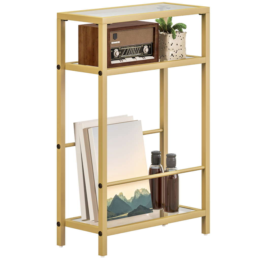 Slim Side Table, End Table with Tempered Glass Tabletop, Gold