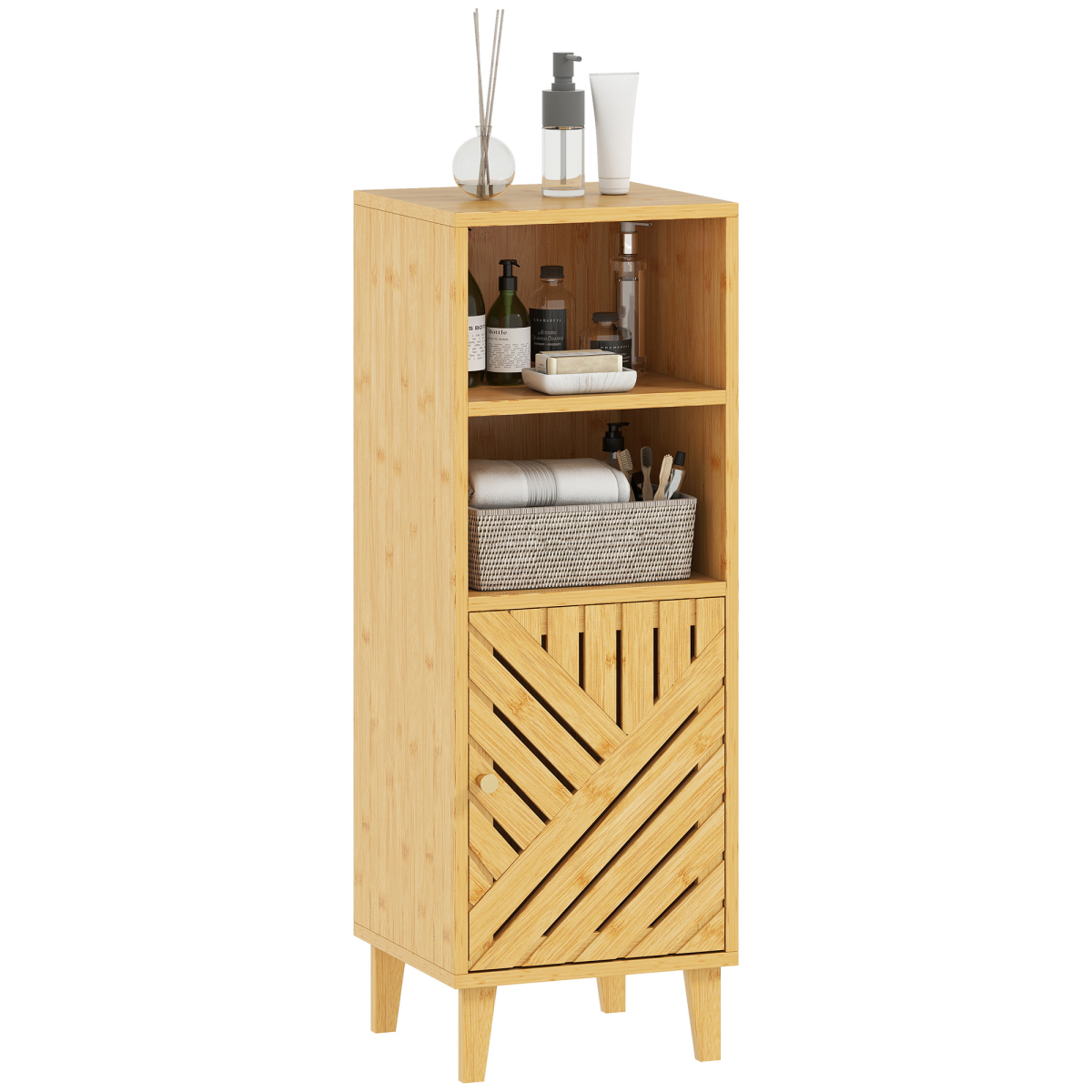 Narrow Bathroom Storage Cabinet with Open Compartments, Natural