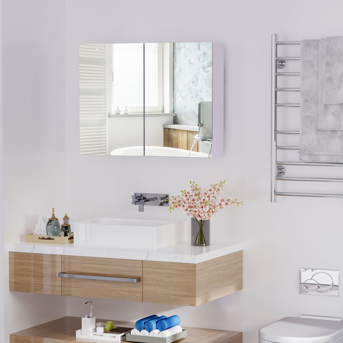 Mirror Cabinet Double Door Wall Mounted Modern Storage Unit Bathroom
