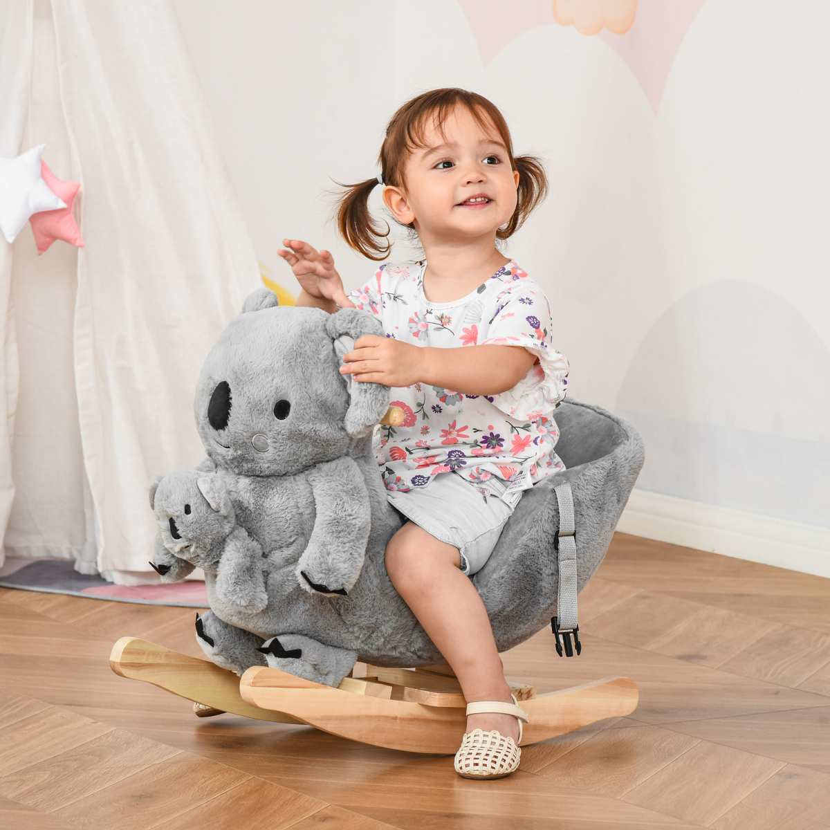 Kids Plush Ride-On Rocking Horse Koala-shaped Toy with Gloved Doll Grey
