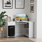 L-Shaped Corner Computer Desk with 2 Shelves Worktop Keyboard Tray White