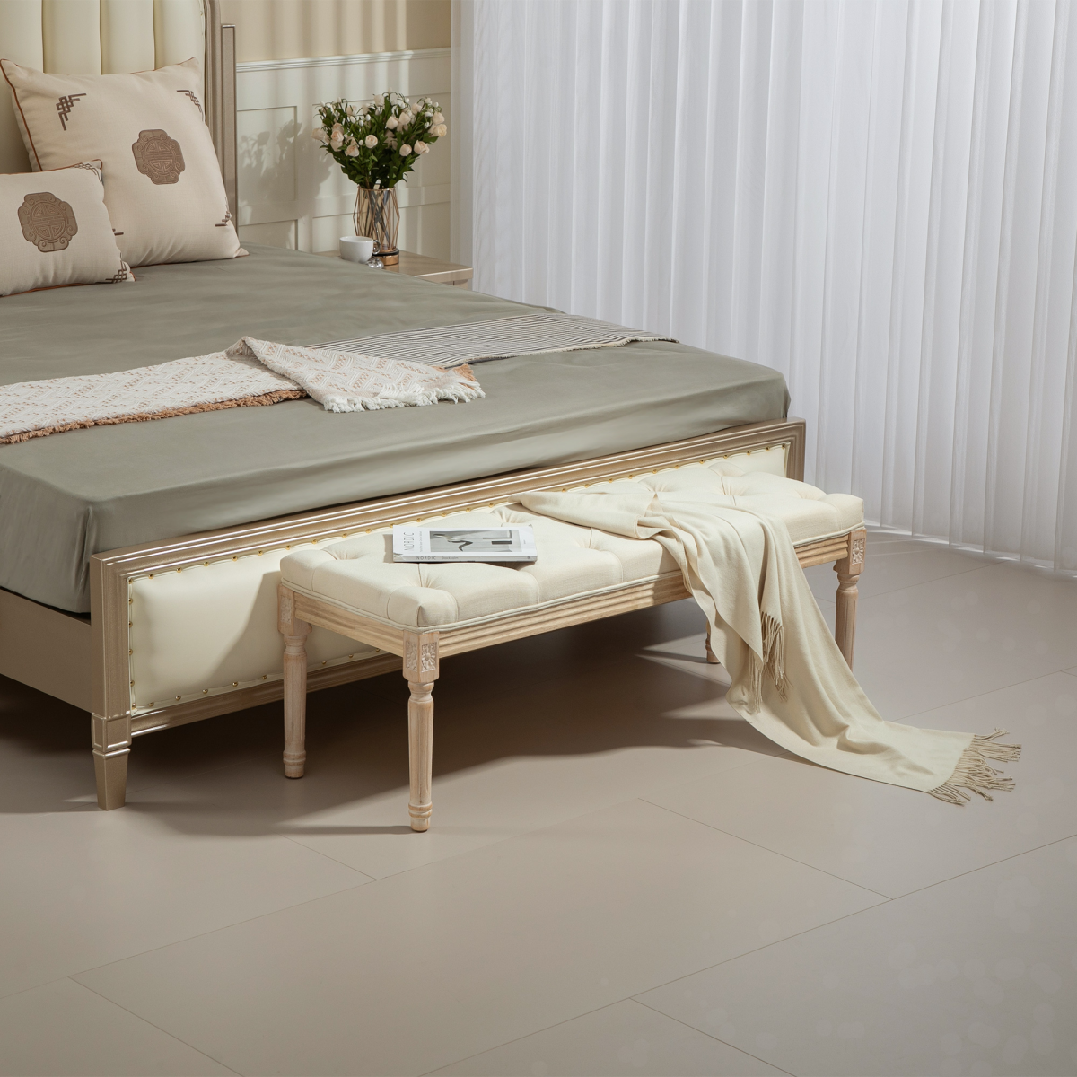 End of Bed Bench Upholstered Foot Stool Linen-Touch Ottoman Cream