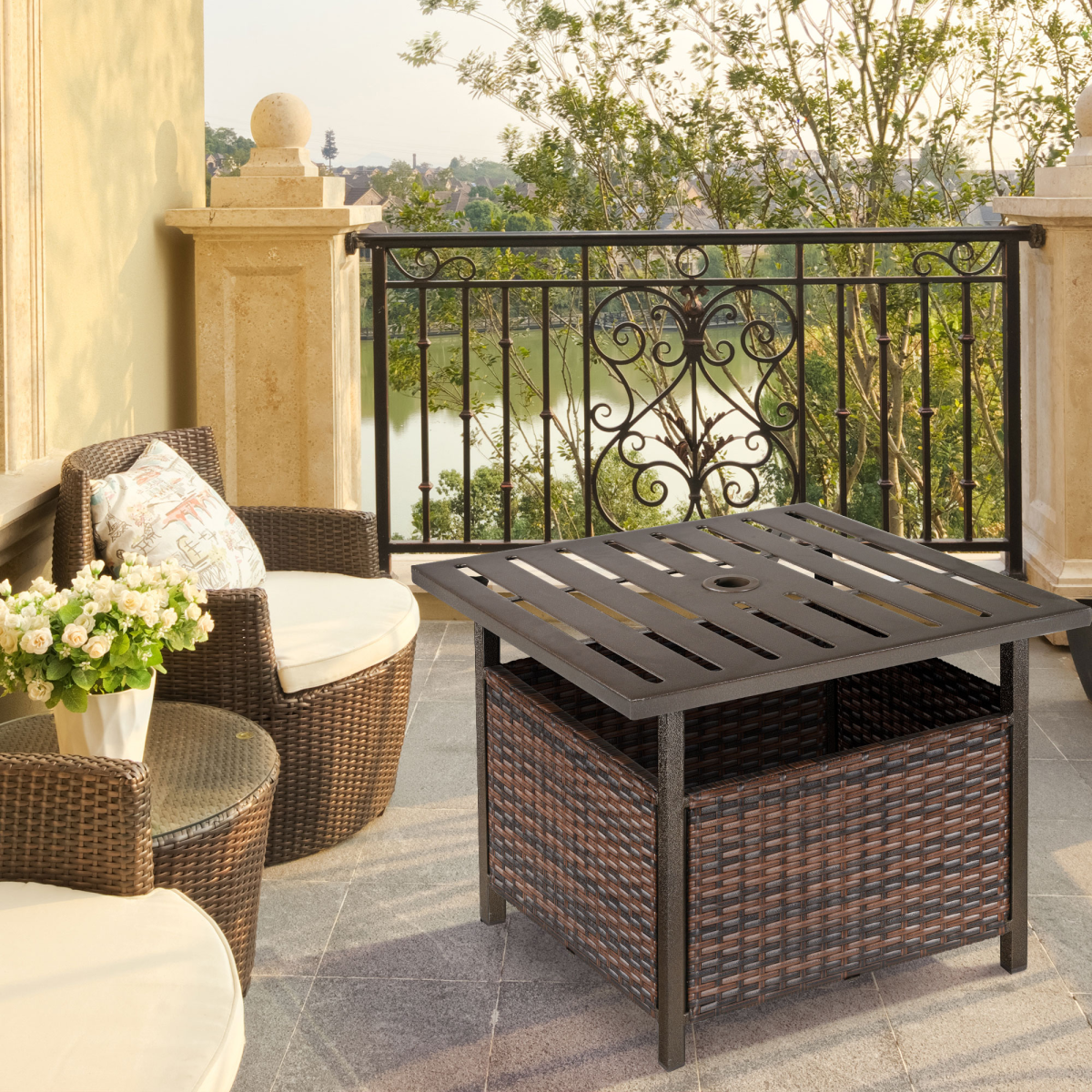 Outsunny Outdoor Rattan Coffee Table with Umbrella Hole Fit for Garden Backyard