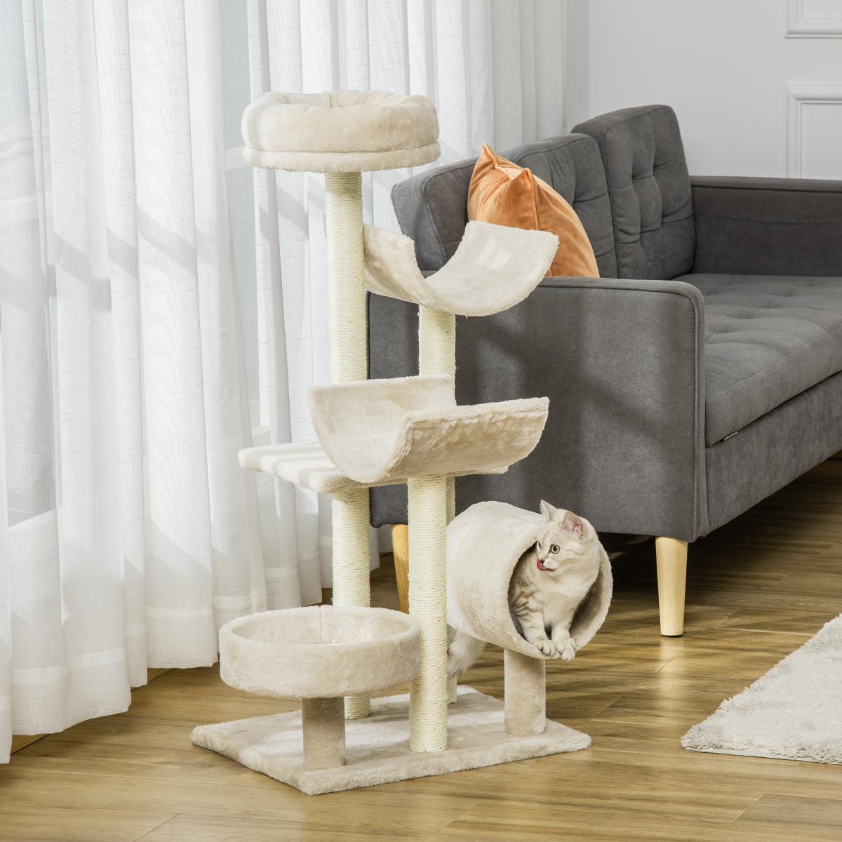 Multi-Level Large Cat Tree Scratching Post Perch Play Center Tunnel Beige