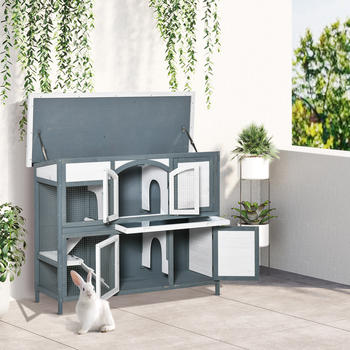 Two-Tier Wooden Rabbit Hutch Bunny Run with Openable Roof, Slide-Out Tray, Ramp