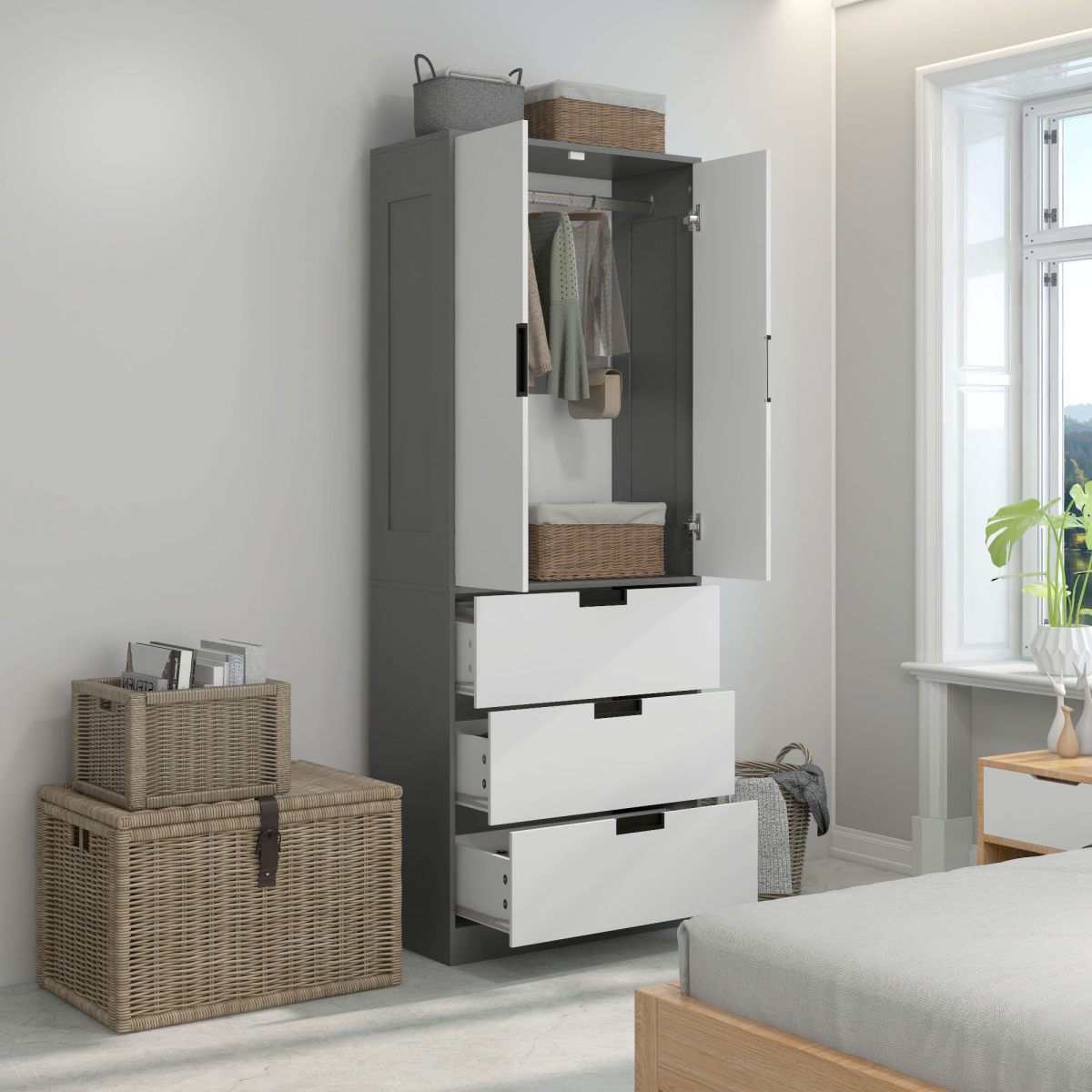 2 Door Wardrobe Grey Wardrobe with 3 Drawer and Hanging Rod for Bedroom