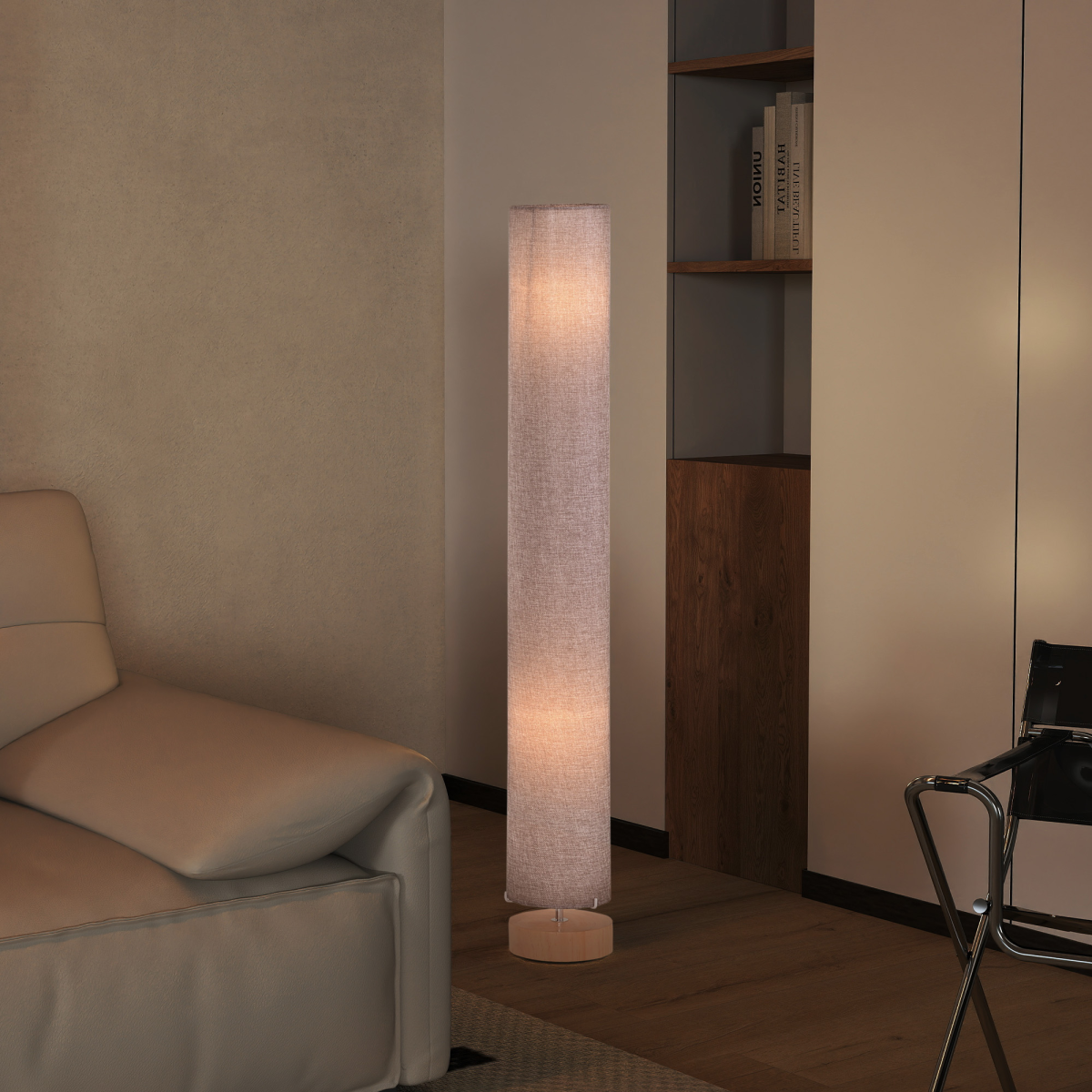 120H cm Wooden Base Floor Lamp W/Linen Fabric-Grey