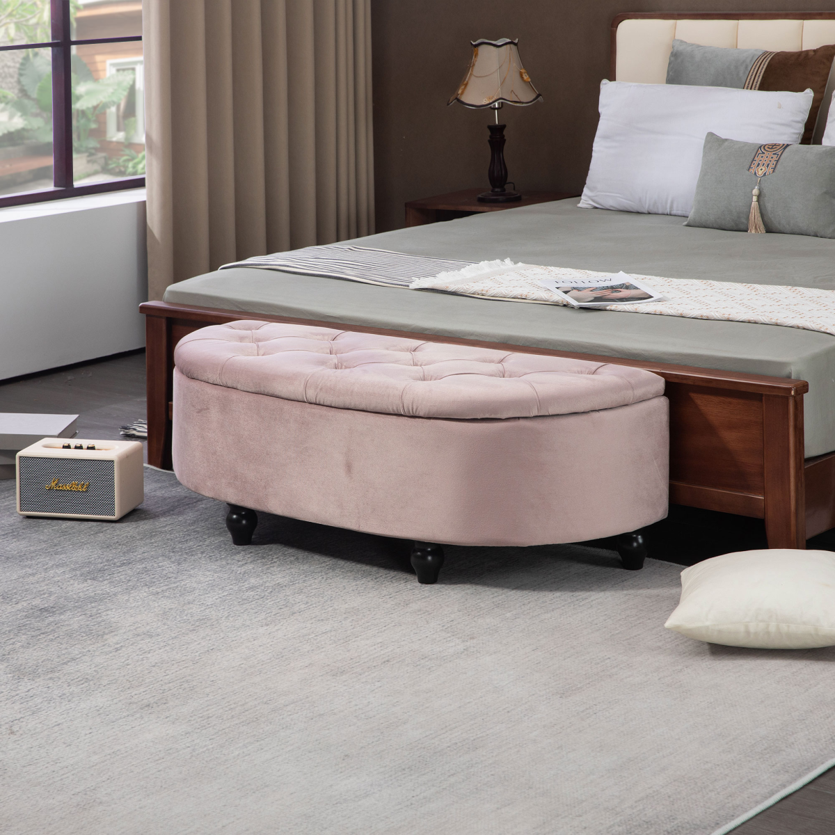 Semi-Circle Storage Ottoman Bench Tufted Upholstered Accent Footrest