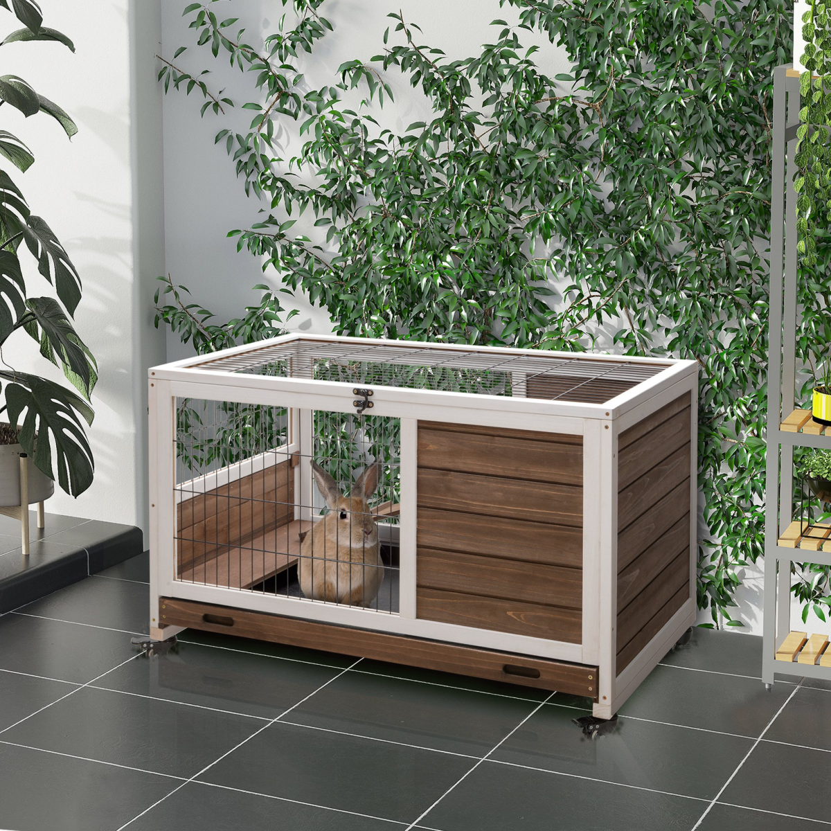 PawHut Wood Indoor Rabbit Hutch Elevated 2-Floor Guineas Pigs Cage with Wheels and with openable Roof
