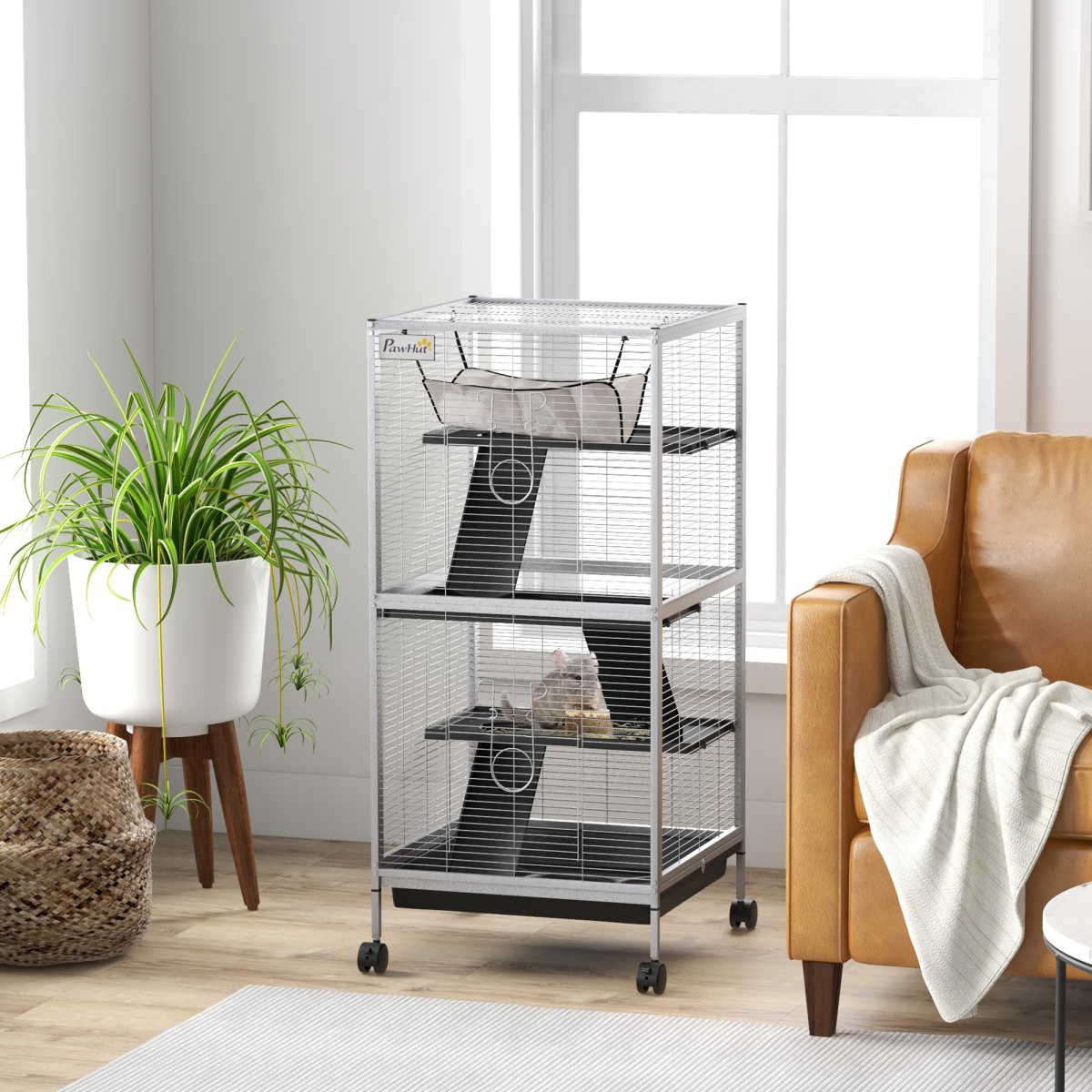 PawHut Rolling Small Animal Cage for Chinchillas Ferrets Kittens with Ramp Grey
