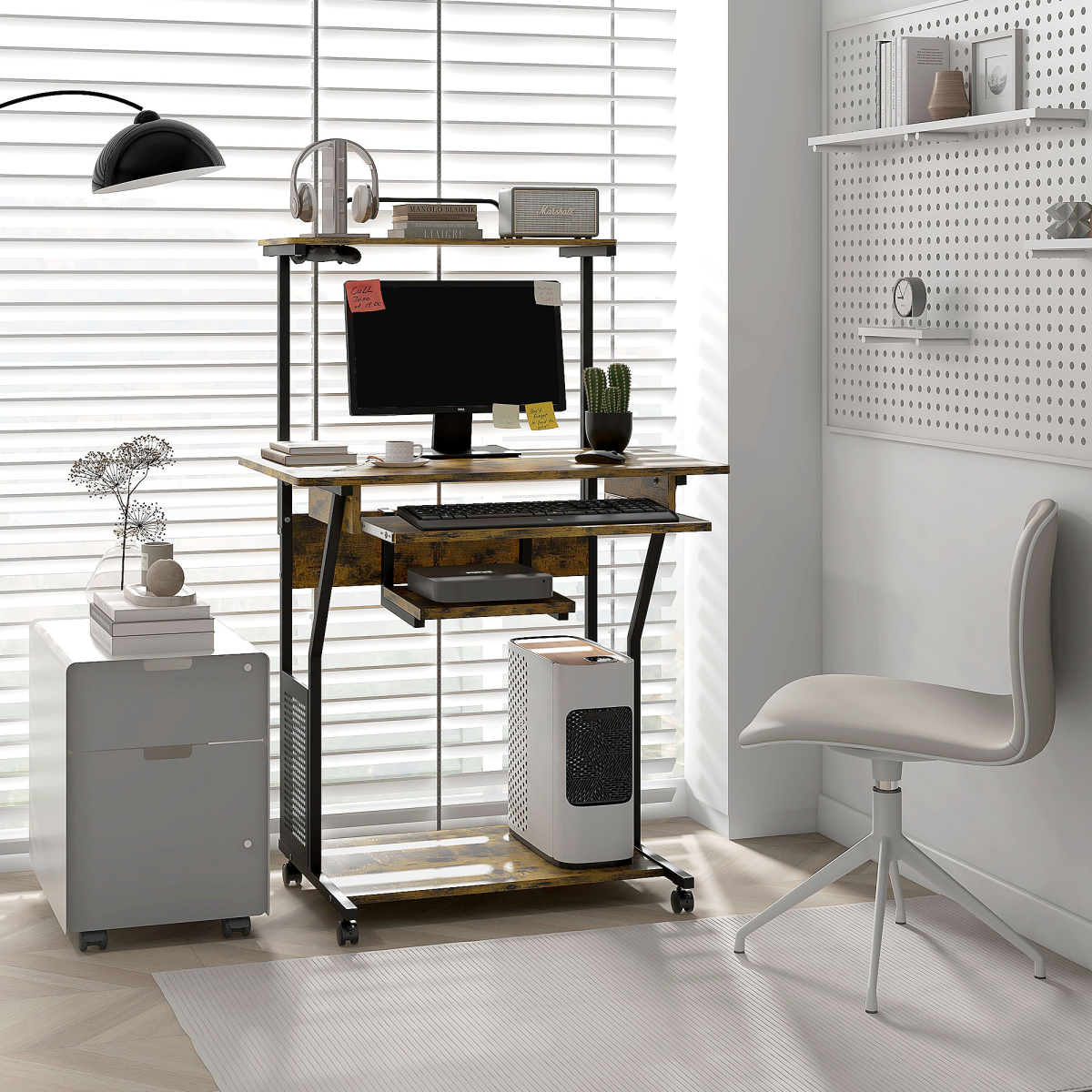 Rolling Computer Desk with Keyboard Tray Storage Shelves Rustic Brown