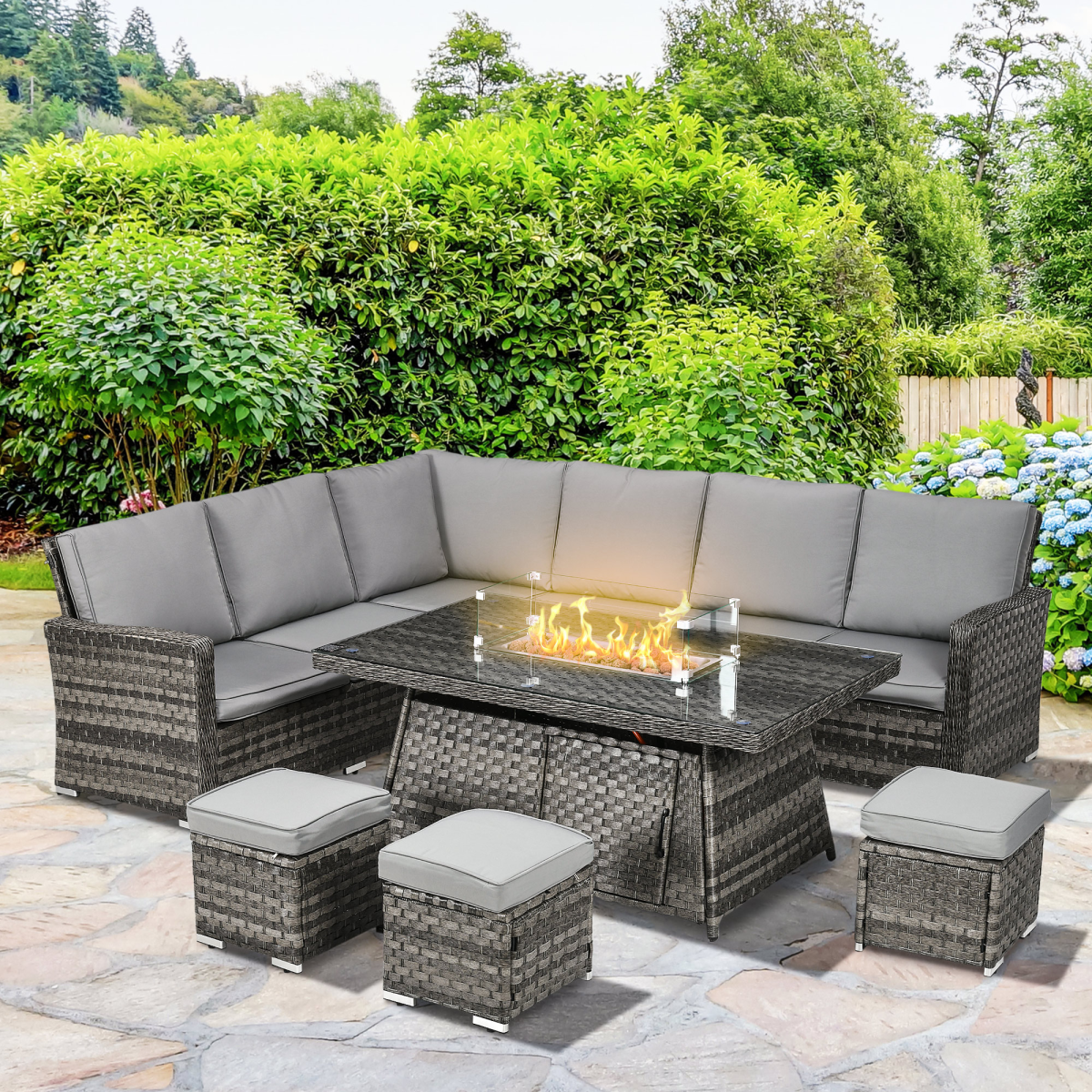 Outsunny 7 Pieces Rattan Garden Furniture Set with 50,000 BTU Gas Fire Pit Table
