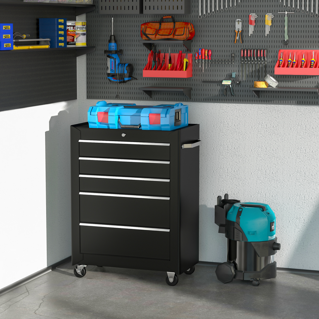 5-Drawer Lockable Steel Tool Storage Cabinet with Wheels Handle 2 Keys Black