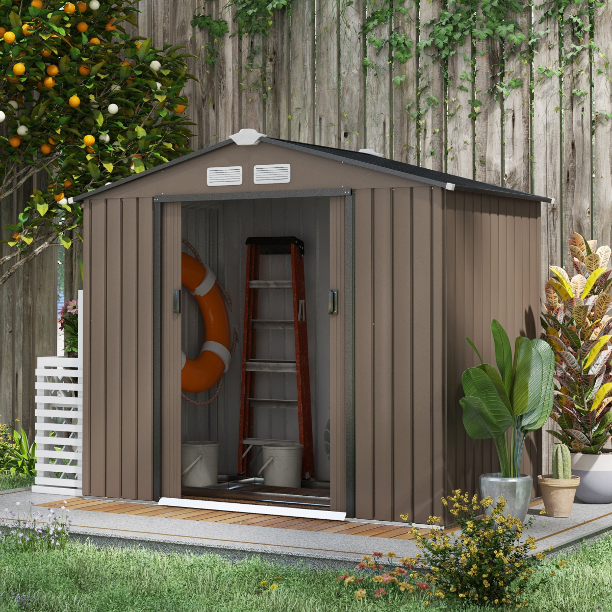 Garden Shed Storage Unit with Locking Door Floor Foundation Vent Brown
