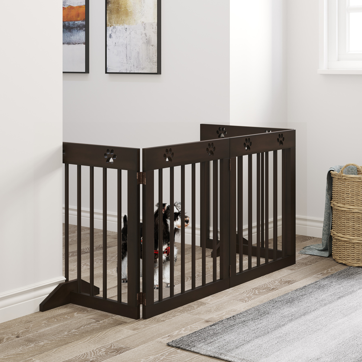 Freestanding Pet Gate 4 Panel Folding Wooden Dog Barrier with Support Feet