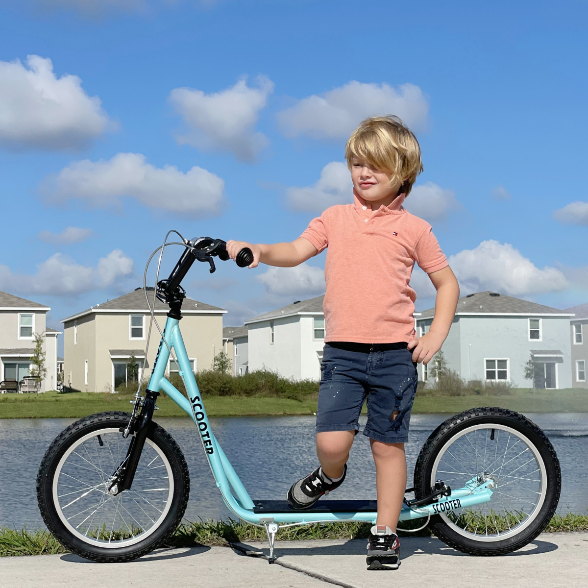 90-96cm Kids Kick Scooter Adjustable Handlebar Inflatable Wheels Blue