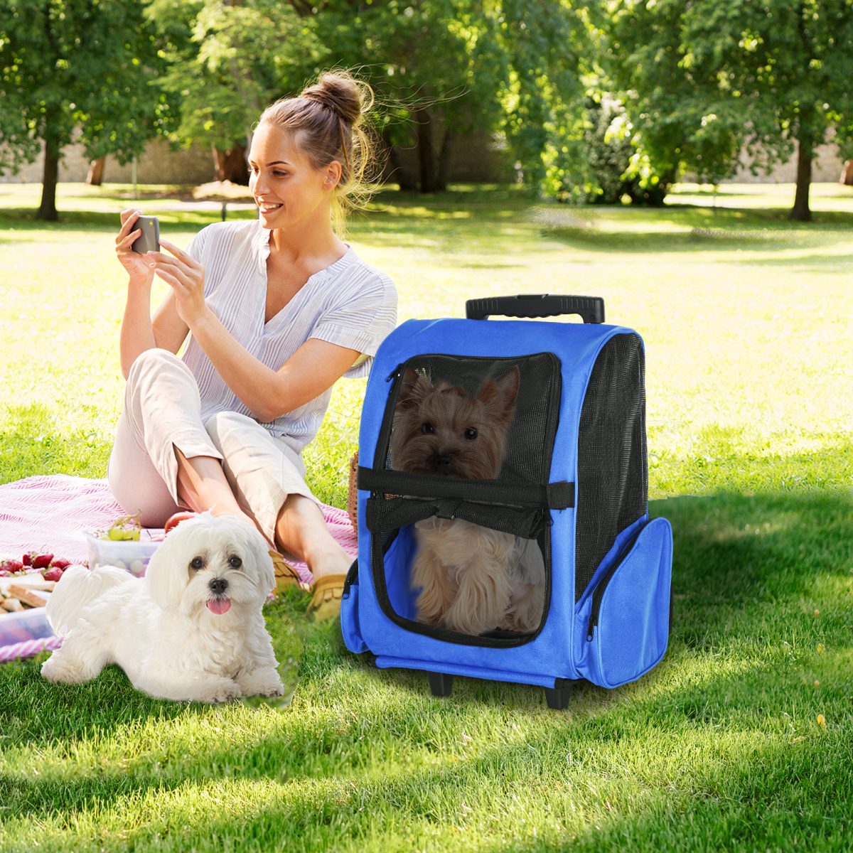 Pet Travel Backpack Bag Cat Puppy Dog Carrier with Trolley and Telescopic Wheel
