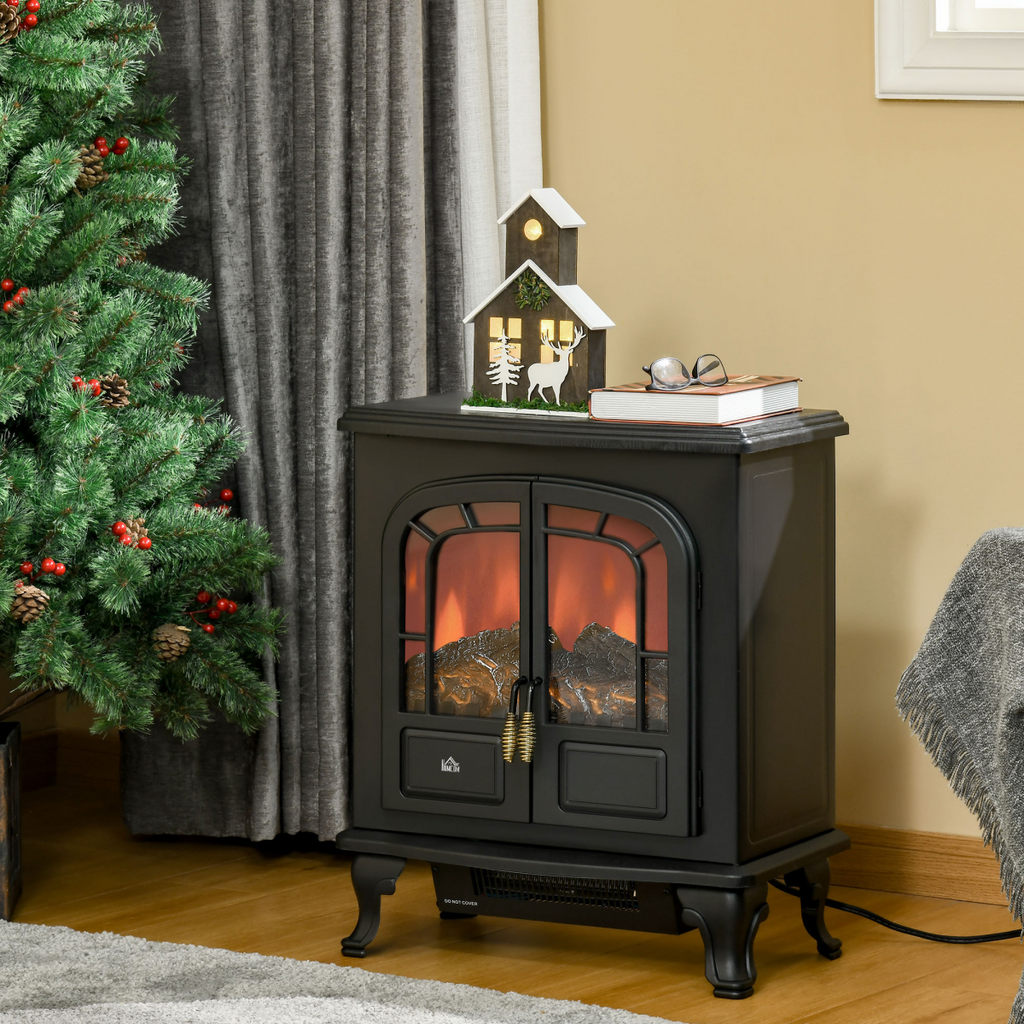Electric Fireplace LED Fire Flame Effect, Double Door, 1000W/2000W, Black