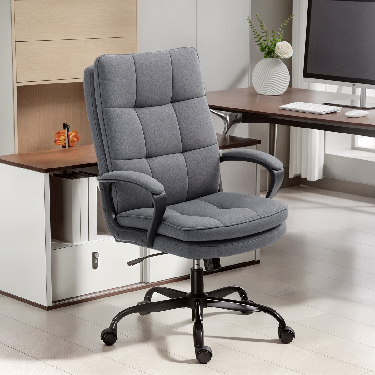 HOMCOM Fabric Office Chair, Computer Desk Chair for Home, Charcoal Grey