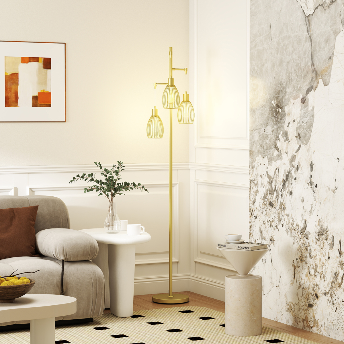 Industrial 3-Light Floor Lamp Dimmable Standing Lamp, Gold