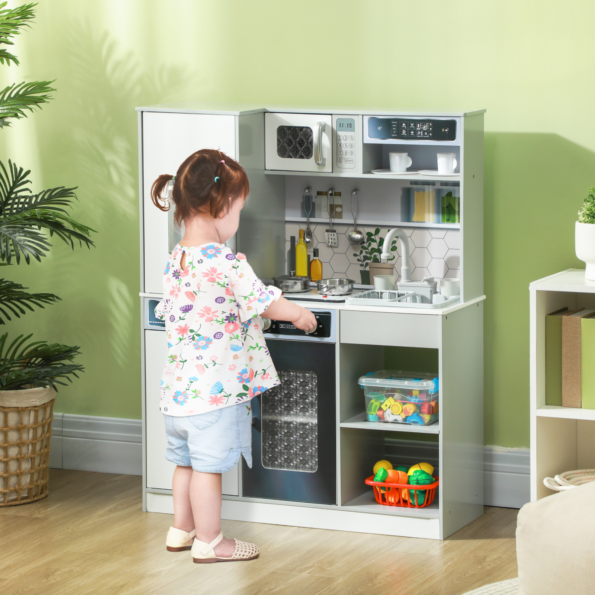 AIYAPLAY Play Kitchen, Pretend Toy Kitchen with Sounds Lights, Microwave
