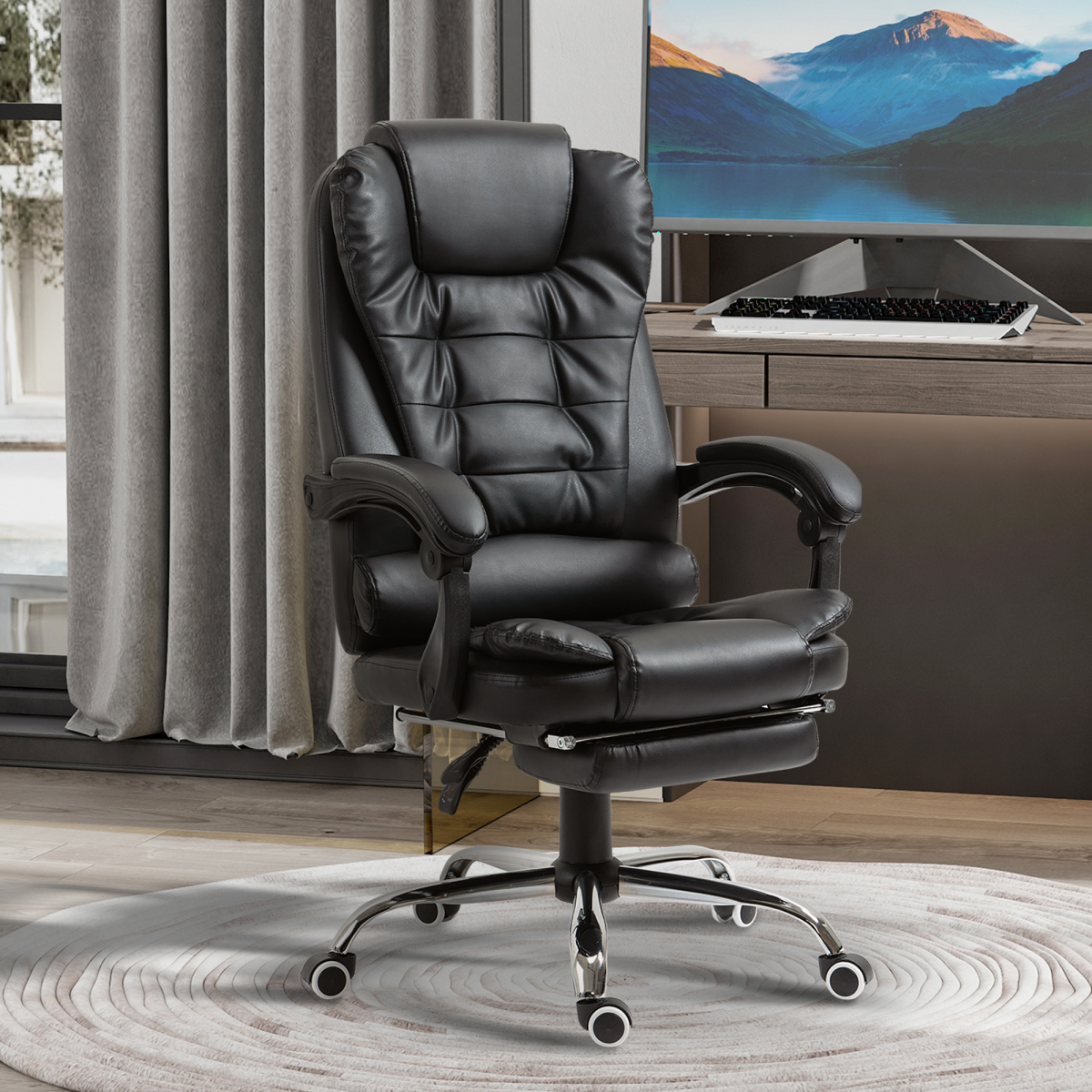 PU Leather Home Office Chair High Back Computer Chair with Swivel Wheels Black