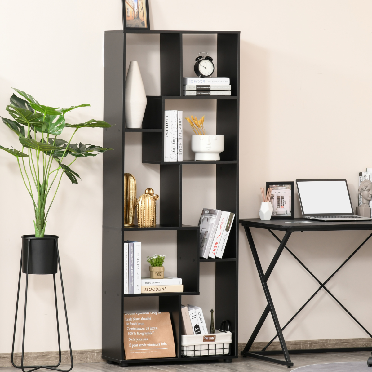 178cm 8-Shelf Bookcase with Melamine Surface Foot Pads Black Multipurpose 8-Grid