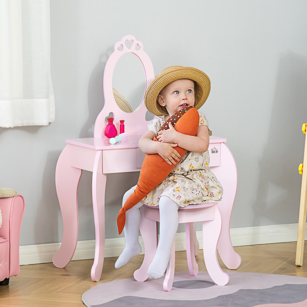 Kids Vanity Table & Stool Girls Dressing Set Make Up Desk with Mirror