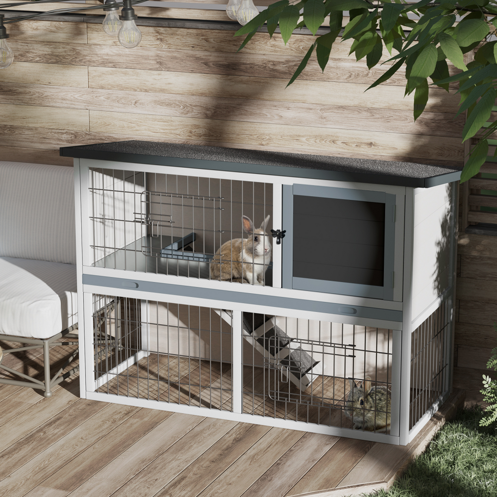 Rabbit Hutch and Run with Removable Tray Openable Top for Indoors & Outdoors Grey
