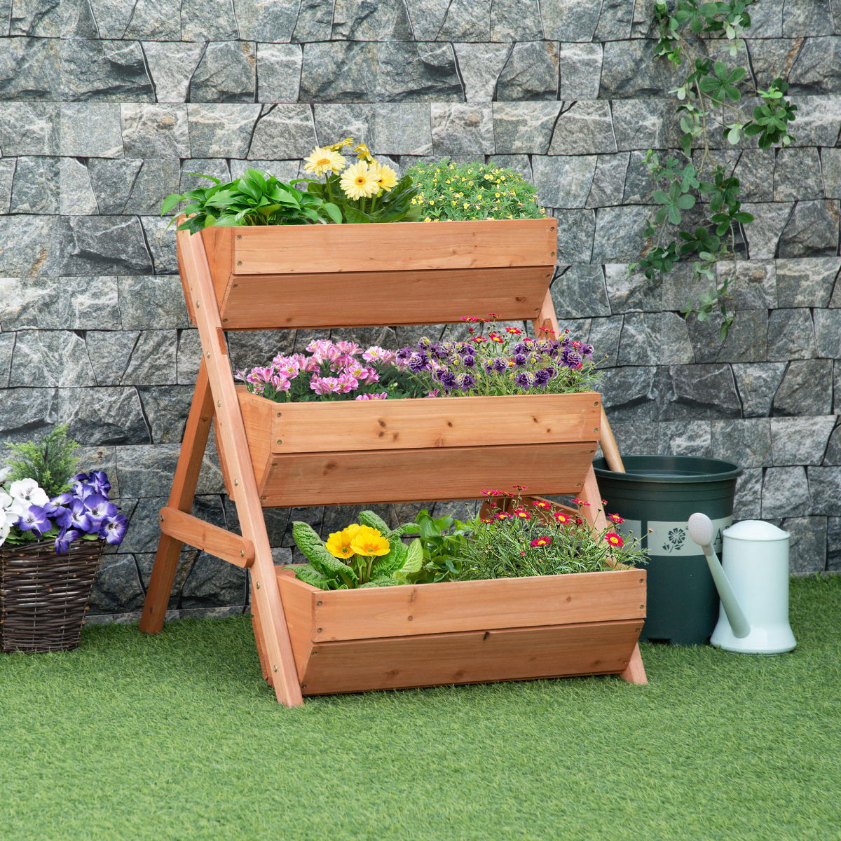 Outsunny Three-Tier Wooden Raised Garden Bed — Brown