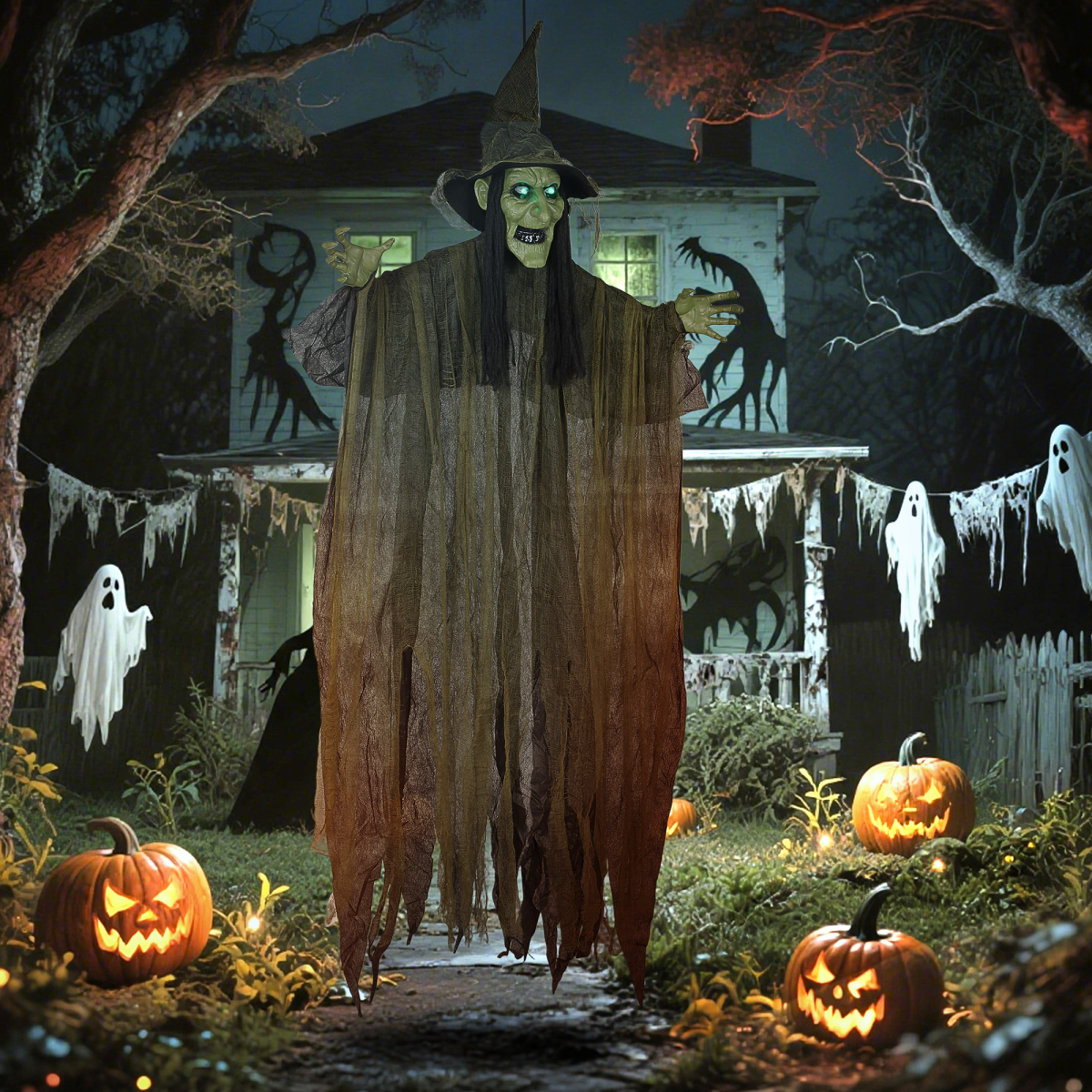 Voice-Activated Hanging Halloween Witch — Green