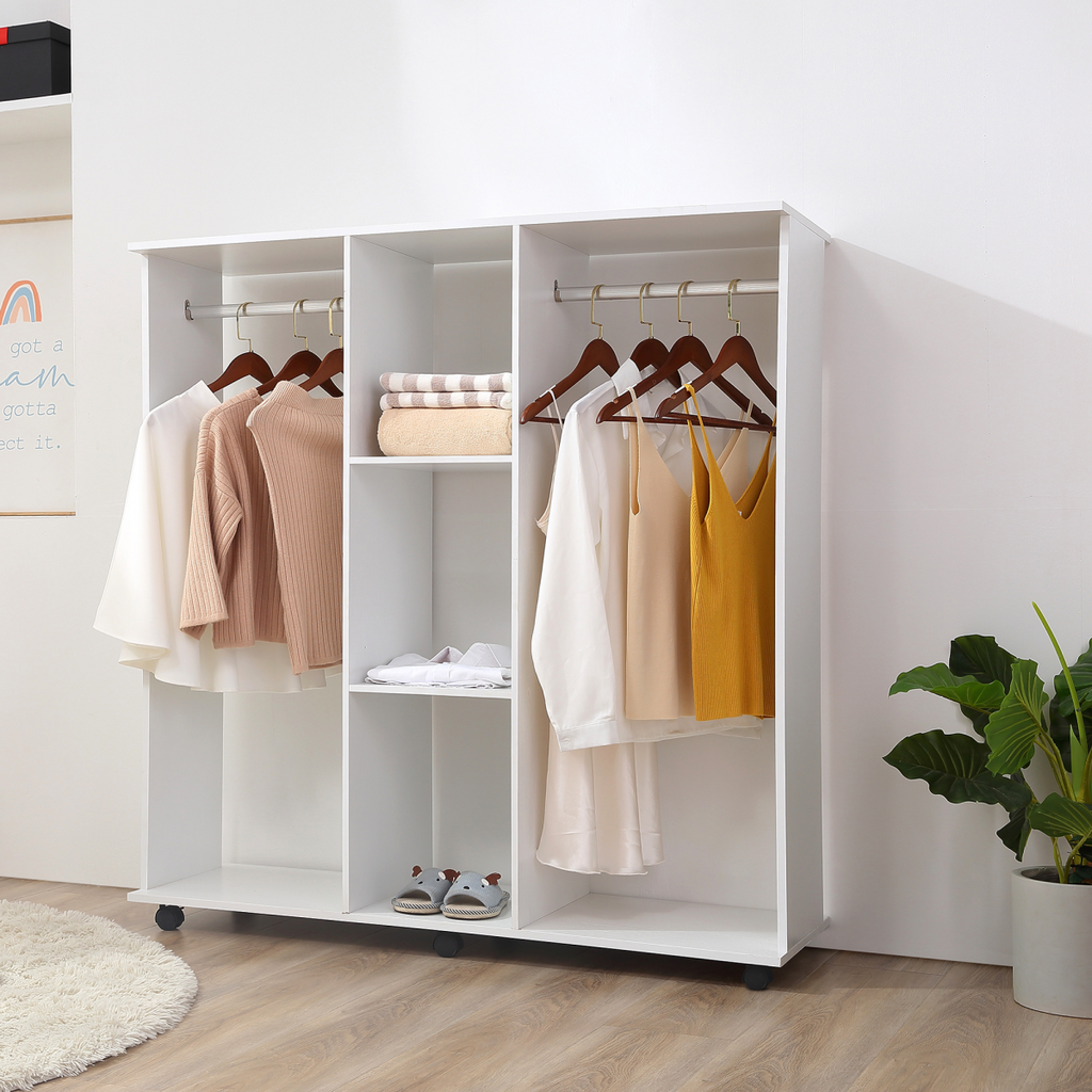 Mobile Double Open Wardrobe with Clothes Hanging Rail Colthing White