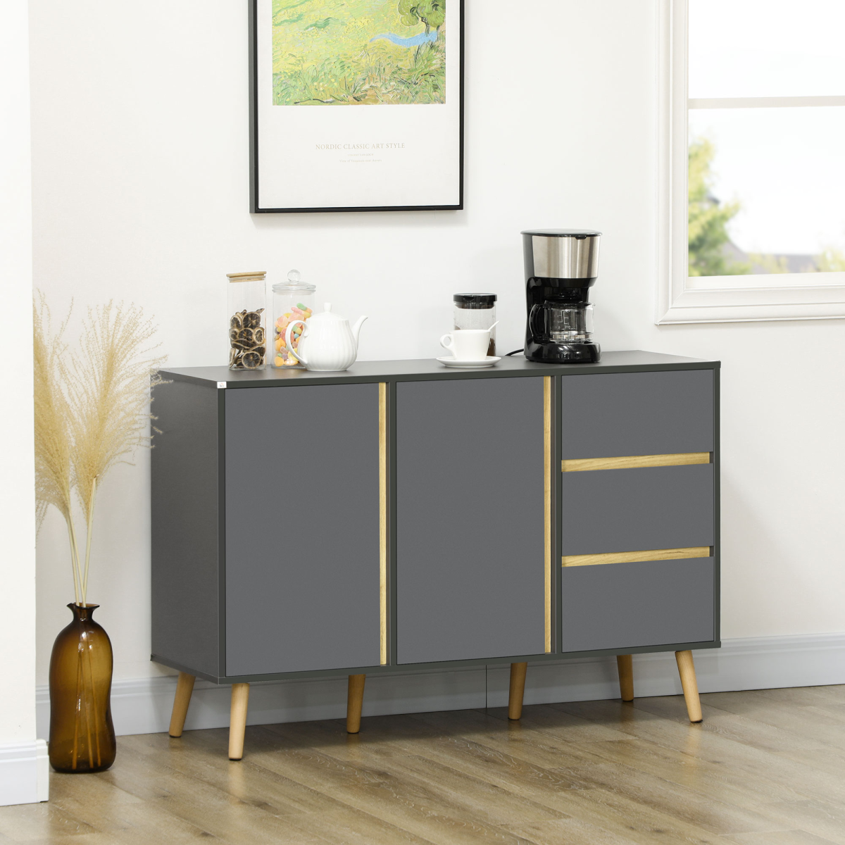 Sideboard Kitchen Cupboard with Adjustable Shelves, Double Doors Dark Grey