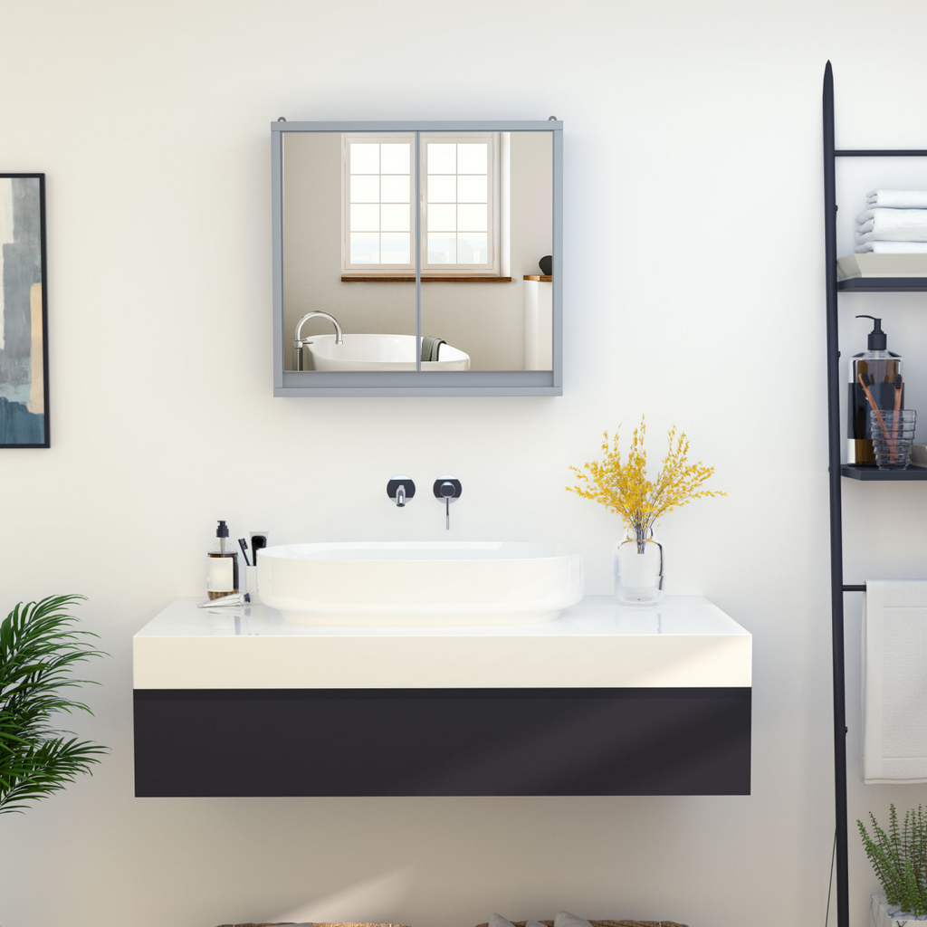 Wall Mounted Mirror Cabinet with Storage Shelf Bathroom Cupboard Grey
