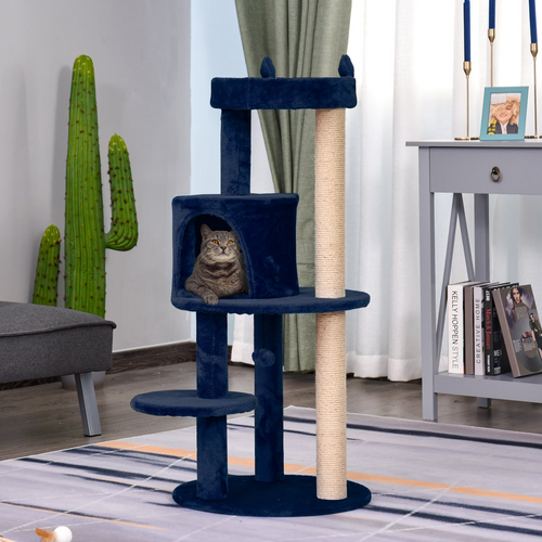 104cm Deluxe Cat Activity Tree with Scratching Posts Ear Perch House - Blue