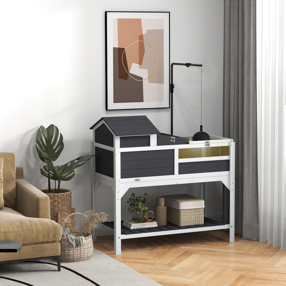 PawHut Tortoise House with Adjustable Lamp Holder, Openable Lid, Storage Shelf