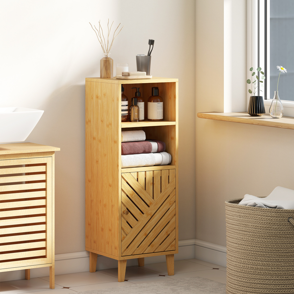 Narrow Bathroom Storage Cabinet with Open Compartments, Natural