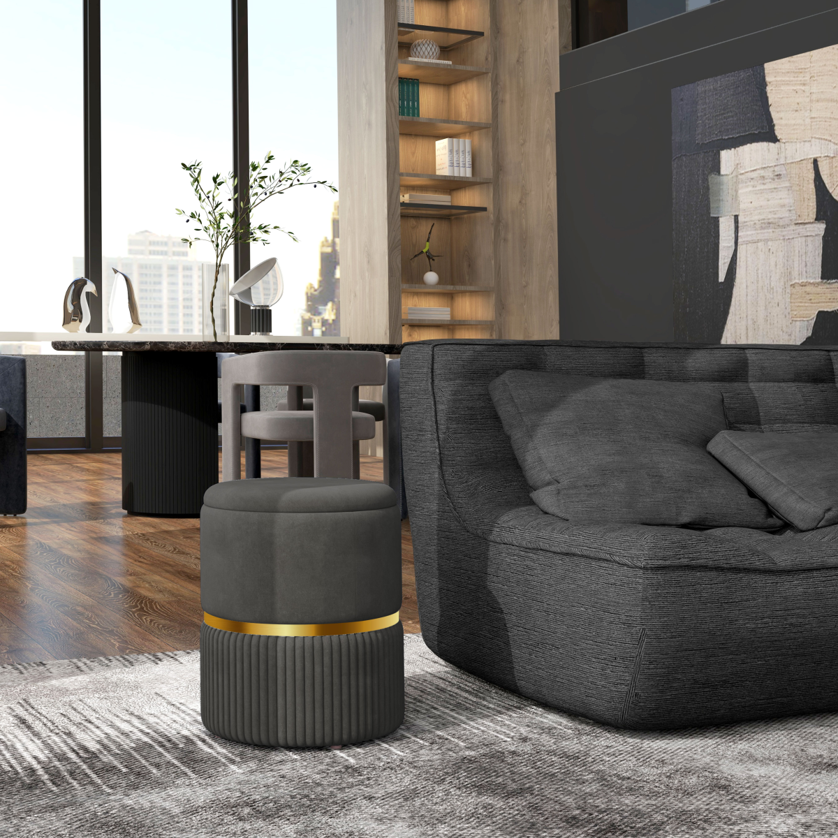 Round Pouffe, Storage Footstool with Cushioned Top, Hidden Space