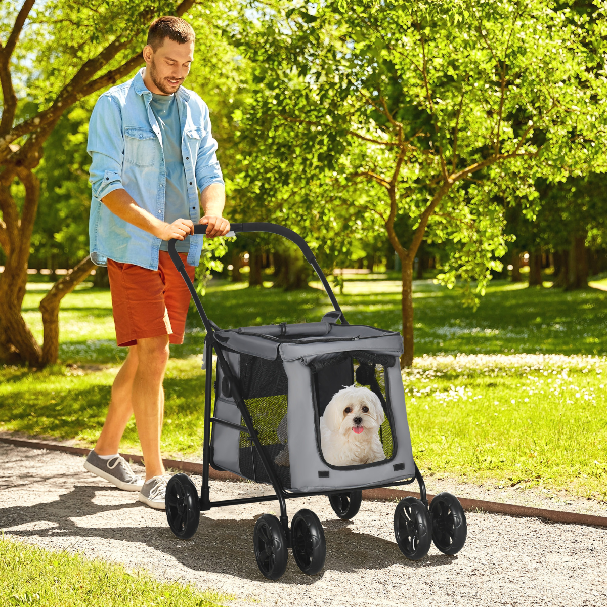 PawHut One-click Foldable Pet Stroller with Mesh Windows, for Small Pets - Grey