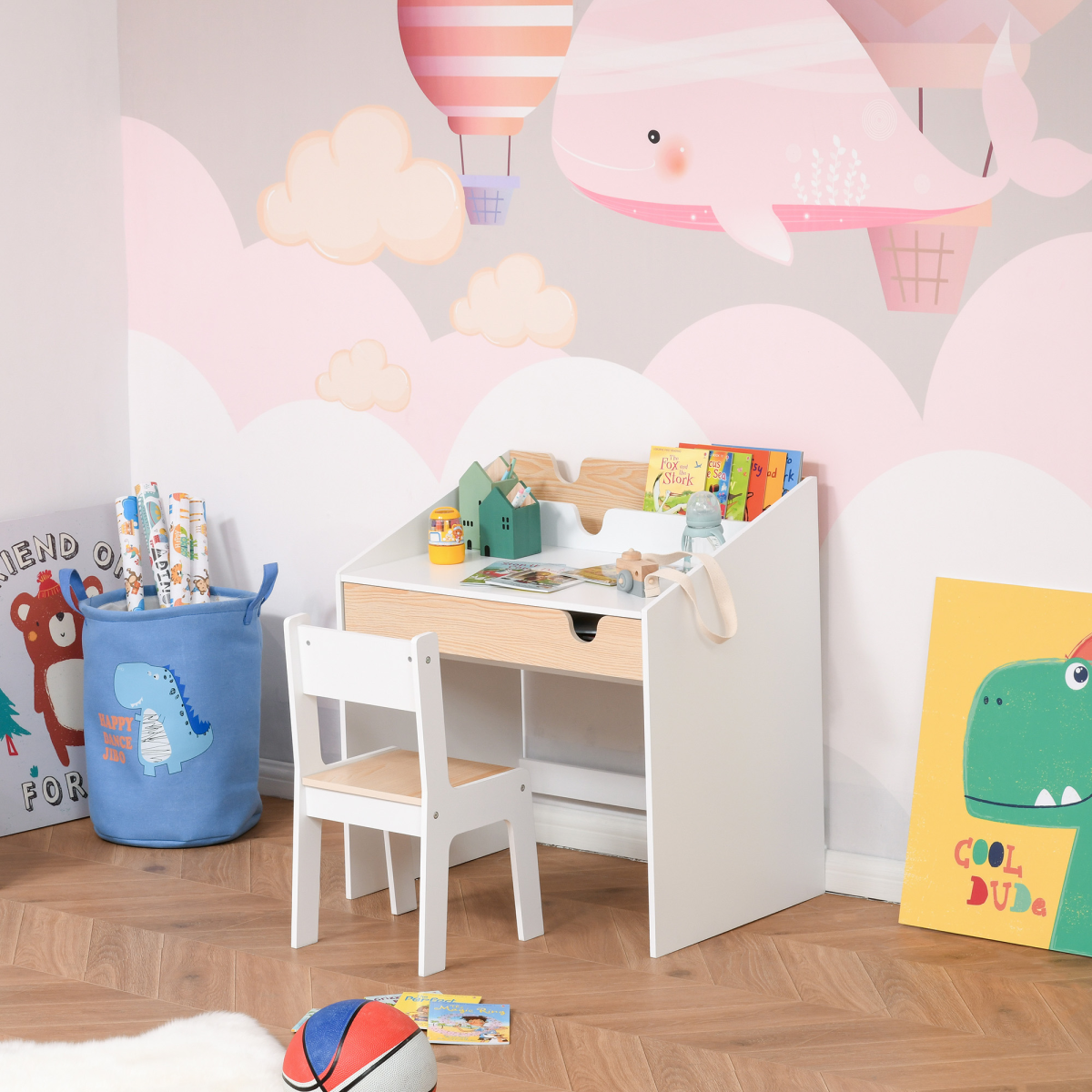 Two-Piece Kids Desk and Chair Set Children Study Table with Storage