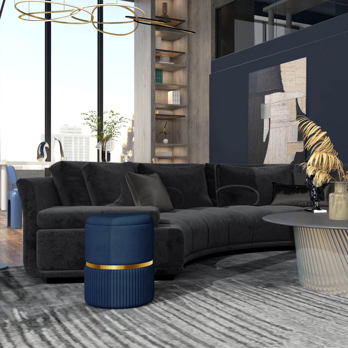 Round Pouffe, Storage Footstool with Cushioned Top, Hidden Space