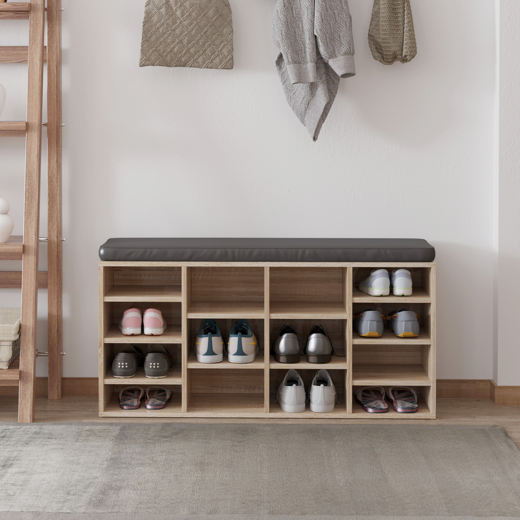 Multi-Storage Shoe Rack 14 Compartments Cushion Moving Shelves Brown
