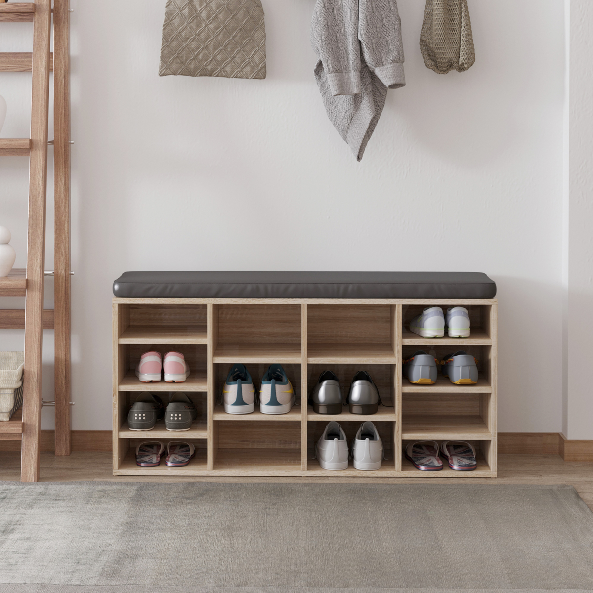 Multi-Storage Shoe Rack 14 Compartments Cushion Moving Shelves  Brown