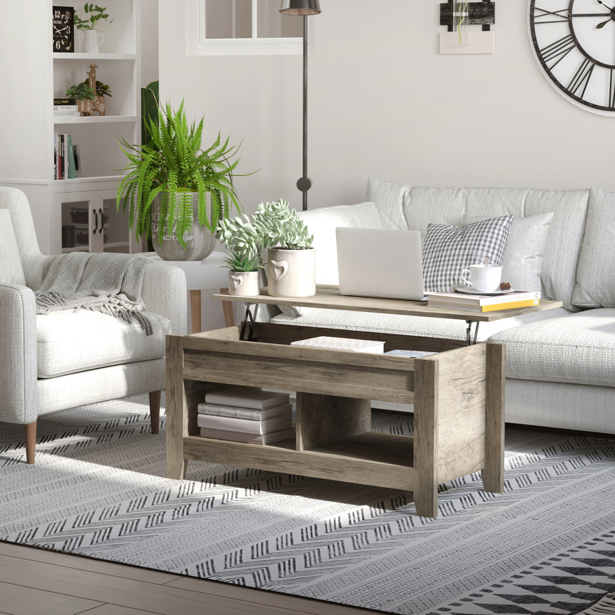 HOMCOM Lift Top Coffee Table w/  Hidden Storage Compartment & Shelves Oak
