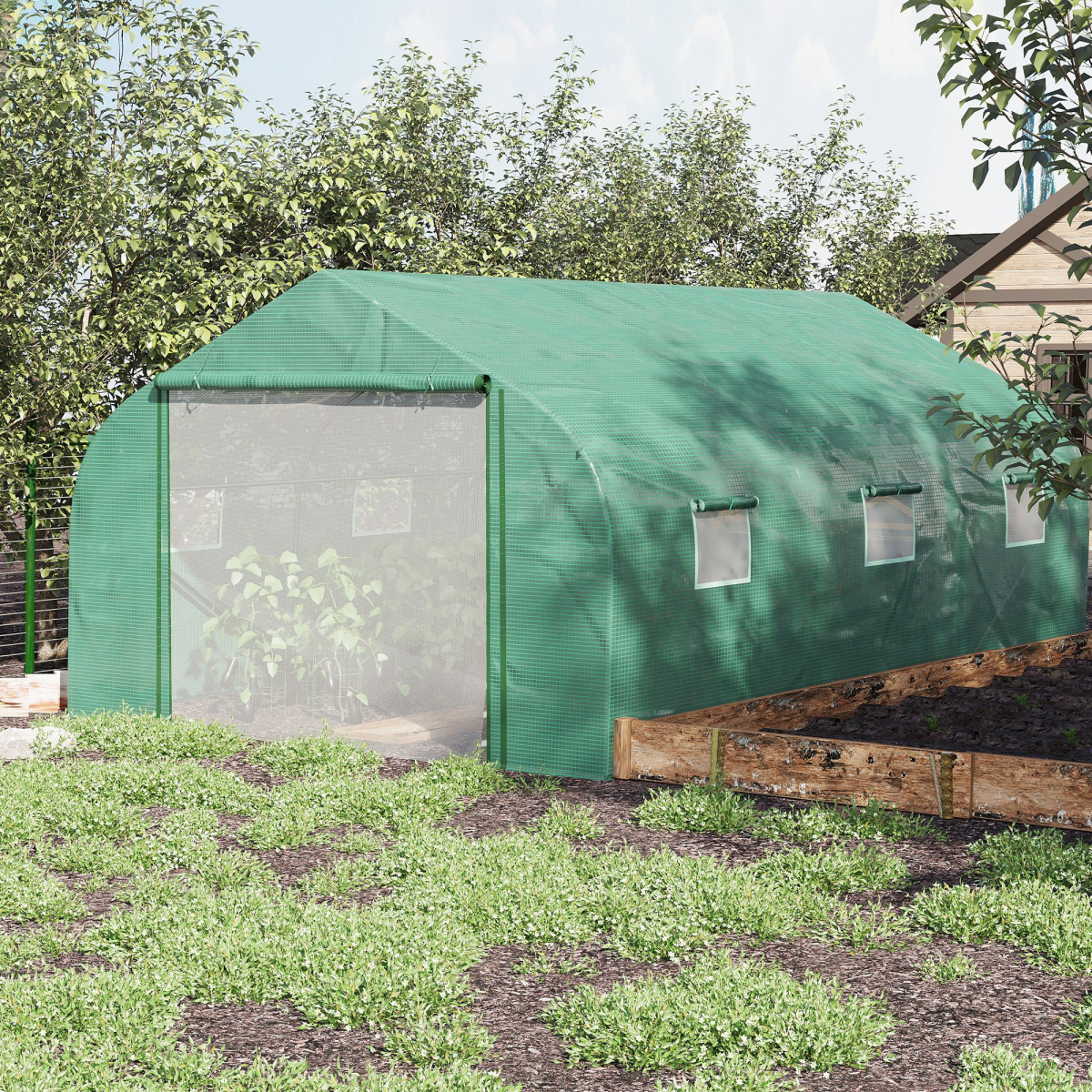 4.47 x 3 x 2m Walk-in Polytunnel Tent, PE Cover, ZipDoor 6Windows, Green