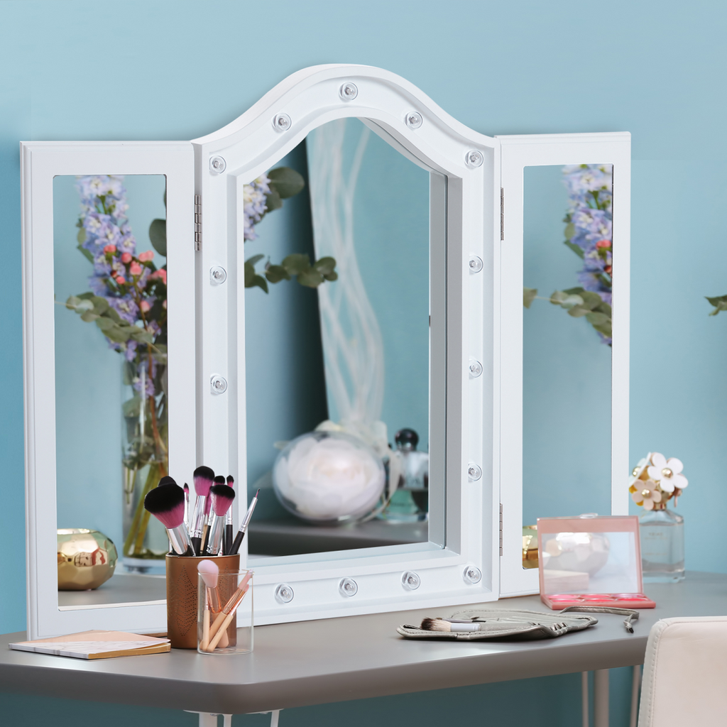 Lighted Tri-Fold Vanity Mirror Large Cosmetic Mirror LED Lights White