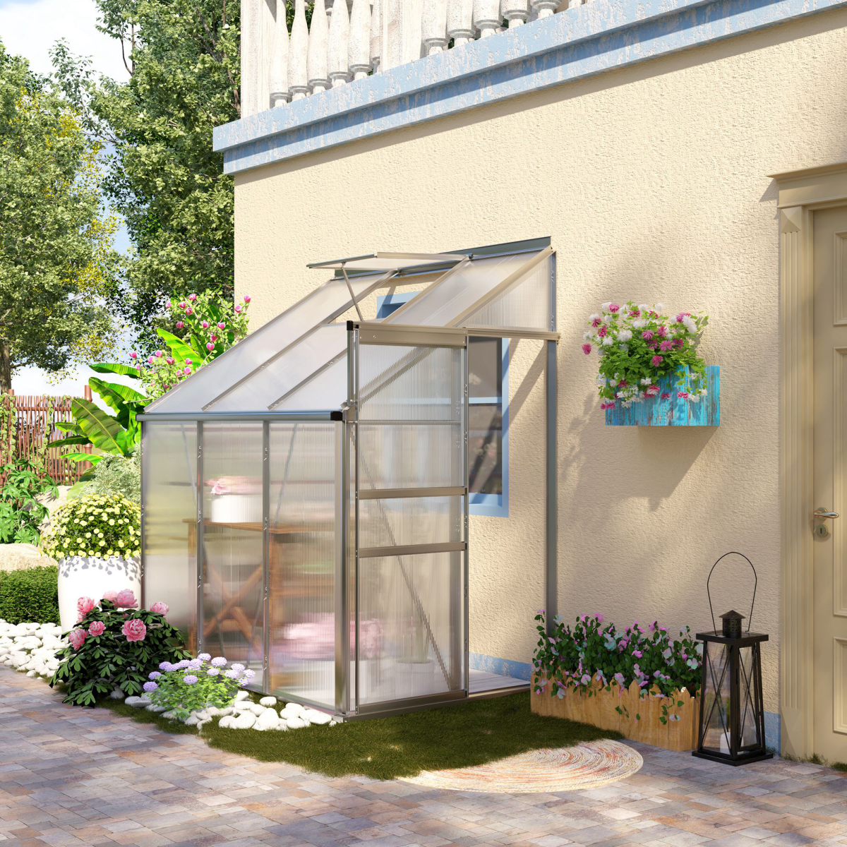 6 x 4ft Polycarbonate Greenhouse Aluminum Roof Vent, Rain Gutter Sliding Door