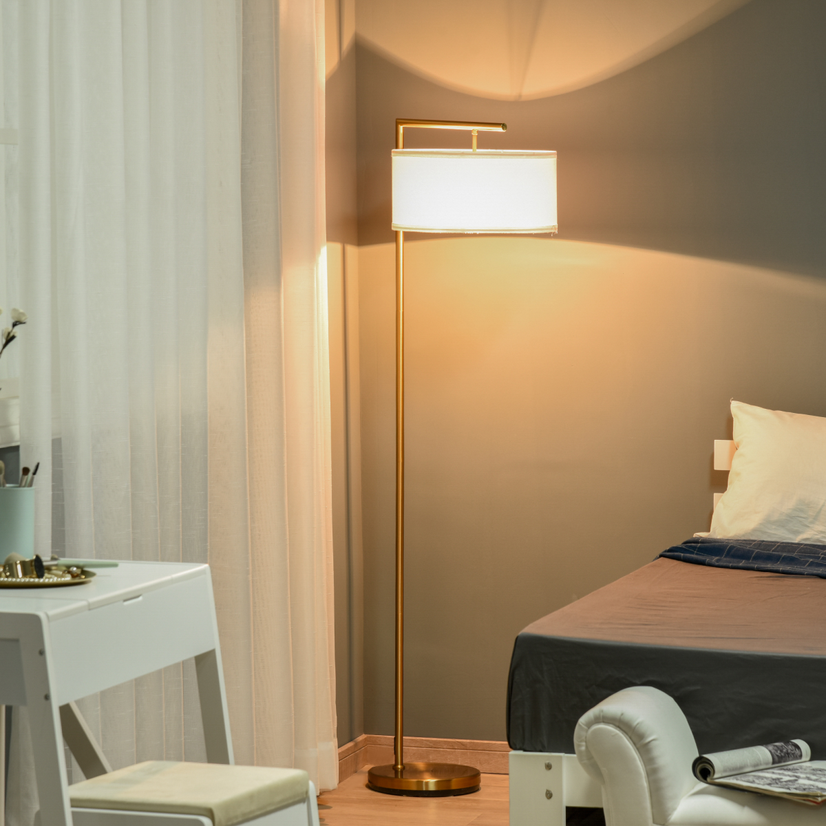 Floor Lamp with Linen Lampshade Round Base for Living Room Bedroom