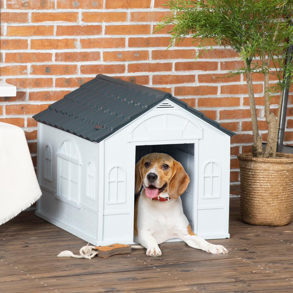 PawHut Weather-Resistant Dog House, Puppy Shelter for Medium Dogs - Grey