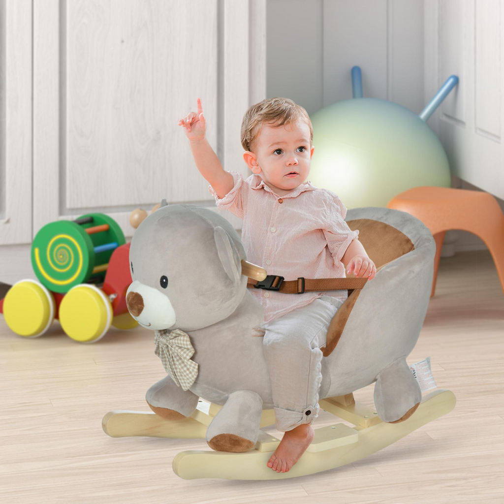 Kids Rocking Bear Plush Ride On Seat Sound Button Wood Base Seat Belt